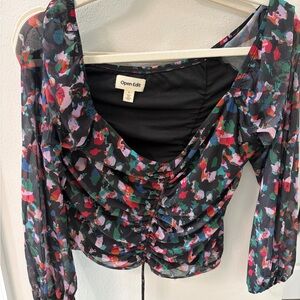 Open Edit Women's Ruched Floral Blouse - Black Multicolor